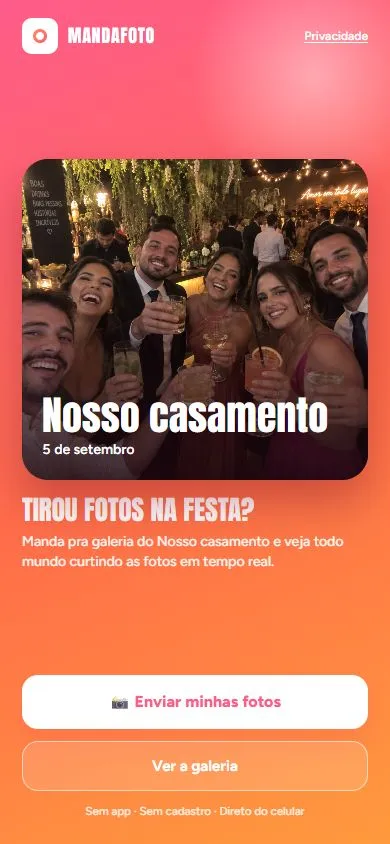 Tela do convidado ao abrir o link do álbum pelo celular, com o botão "Enviar minhas fotos" e a opção "Ver a galeria"