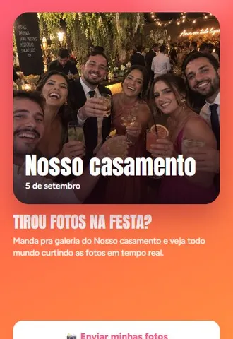 Tela do convidado ao abrir o convite pelo celular, com o botão Enviar minhas fotos