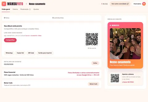 Visão geral do álbum de demonstração Nosso Casamento, com o link, o QR Code e o botão Compartilhar