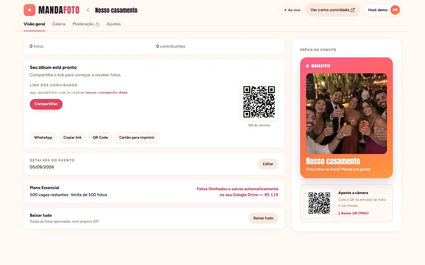 Tela do MandaFoto com o link do álbum, a prévia do convite e o QR Code com a opção "Baixar QR (PNG)"